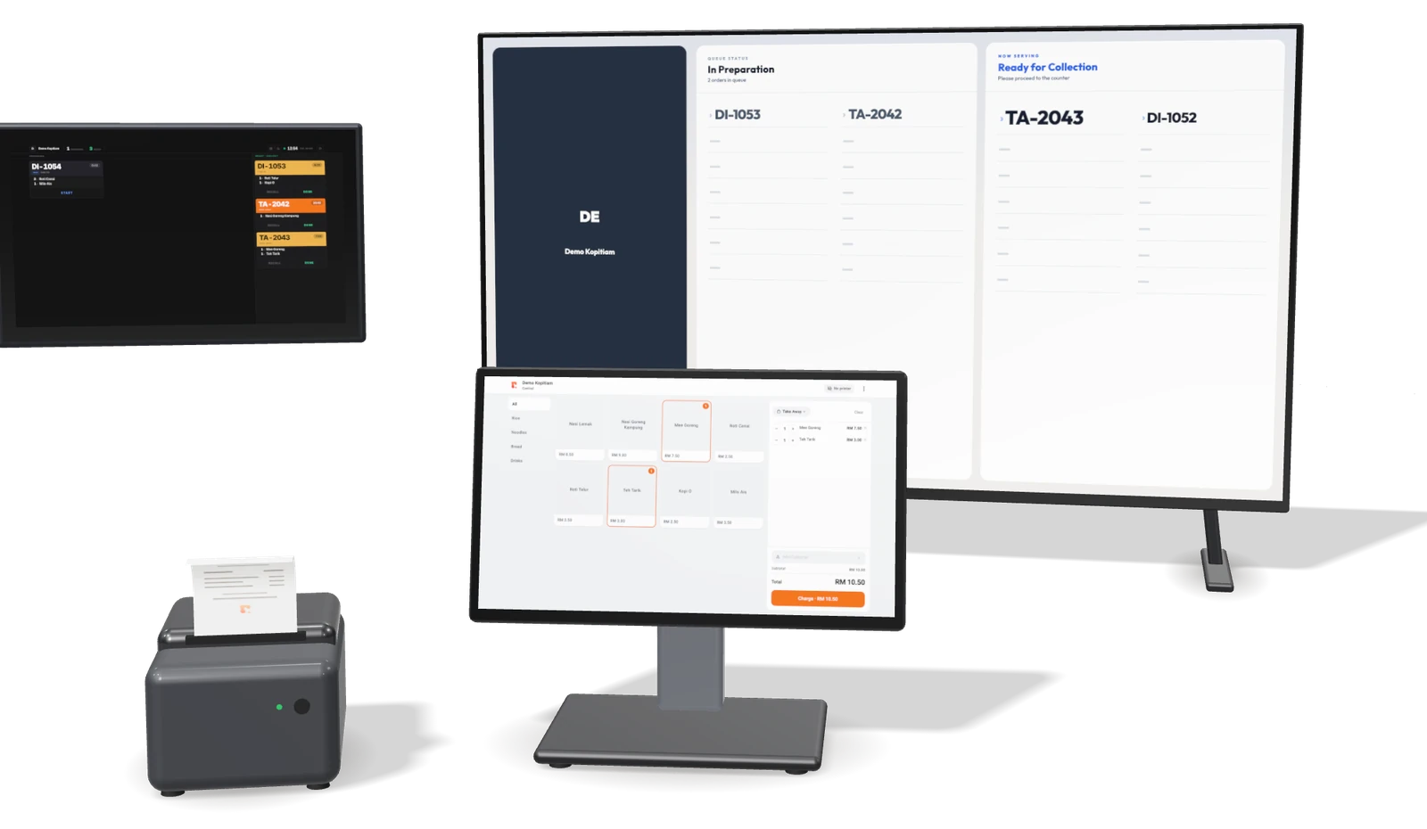 The Complete Package: counter terminal, kitchen display, 43-inch TV and receipt printer