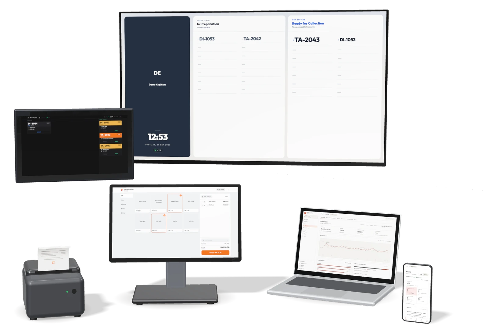 Rekio running on a counter terminal, a kitchen display, a TV queue board, a laptop and a phone, next to a receipt printer