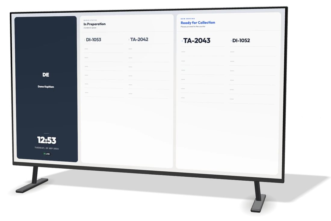 43-inch Smart TV showing the Rekio queue board
