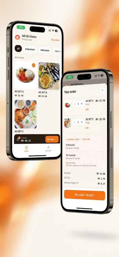 Rekio QR ordering on a customer's phone: the menu, then the order with rewards and online payment
